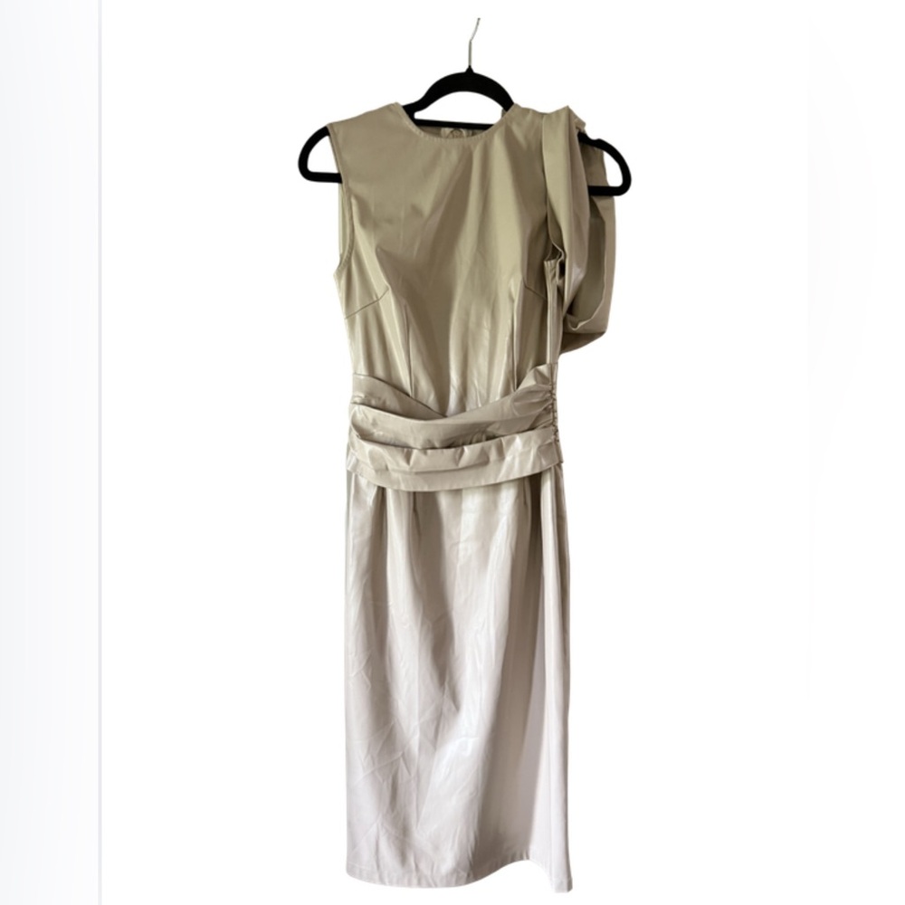 Sleeveless Faux Leather Midi Dress with Draped Waist